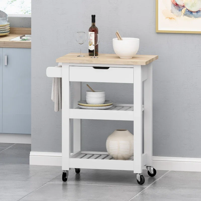 Contemporary Multifunctional Kitchen Cart with Rubberwood Top, Open Slat Shelving, Rolling Casters, Drawer and Towel Holder