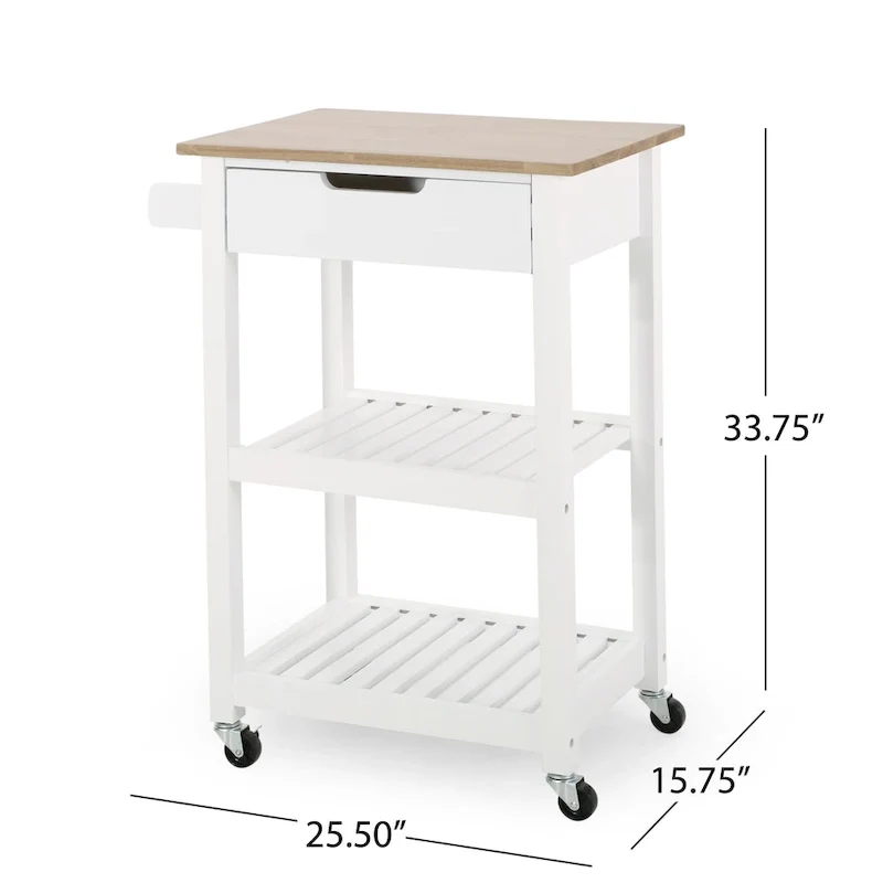 Contemporary Multifunctional Kitchen Cart with Rubberwood Top, Open Slat Shelving, Rolling Casters, Drawer and Towel Holder