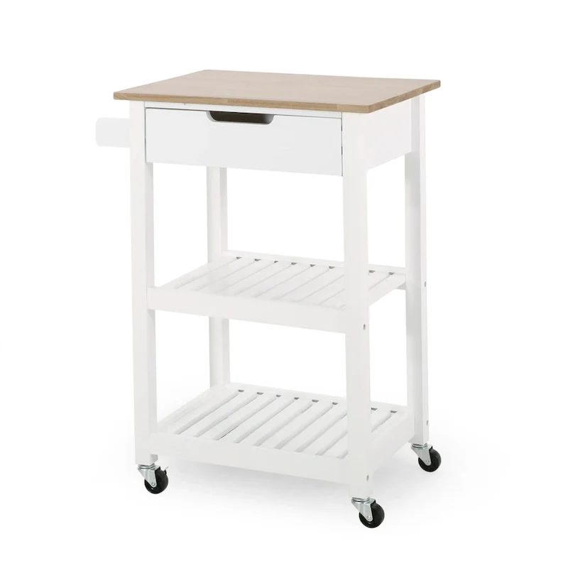 Contemporary Multifunctional Kitchen Cart with Rubberwood Top, Open Slat Shelving, Rolling Casters, Drawer and Towel Holder