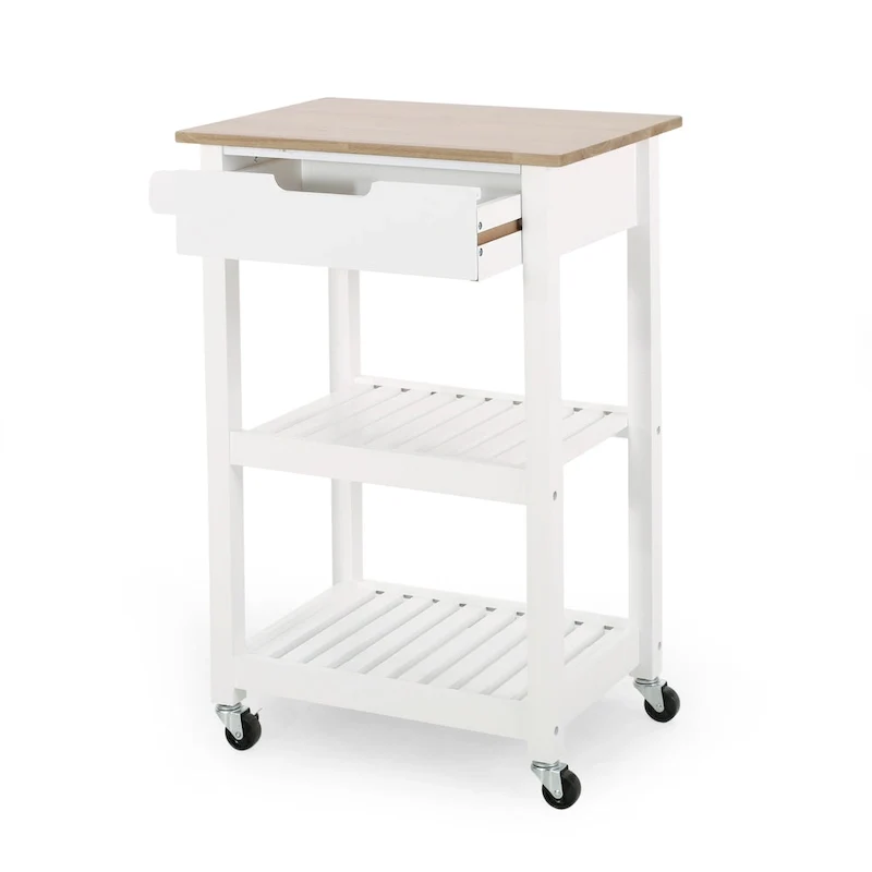 Contemporary Multifunctional Kitchen Cart with Rubberwood Top, Open Slat Shelving, Rolling Casters, Drawer and Towel Holder