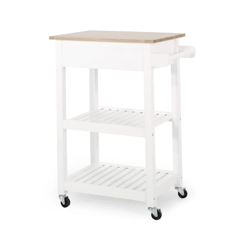 Contemporary Multifunctional Kitchen Cart with Rubberwood Top, Open Slat Shelving, Rolling Casters, Drawer and Towel Holder