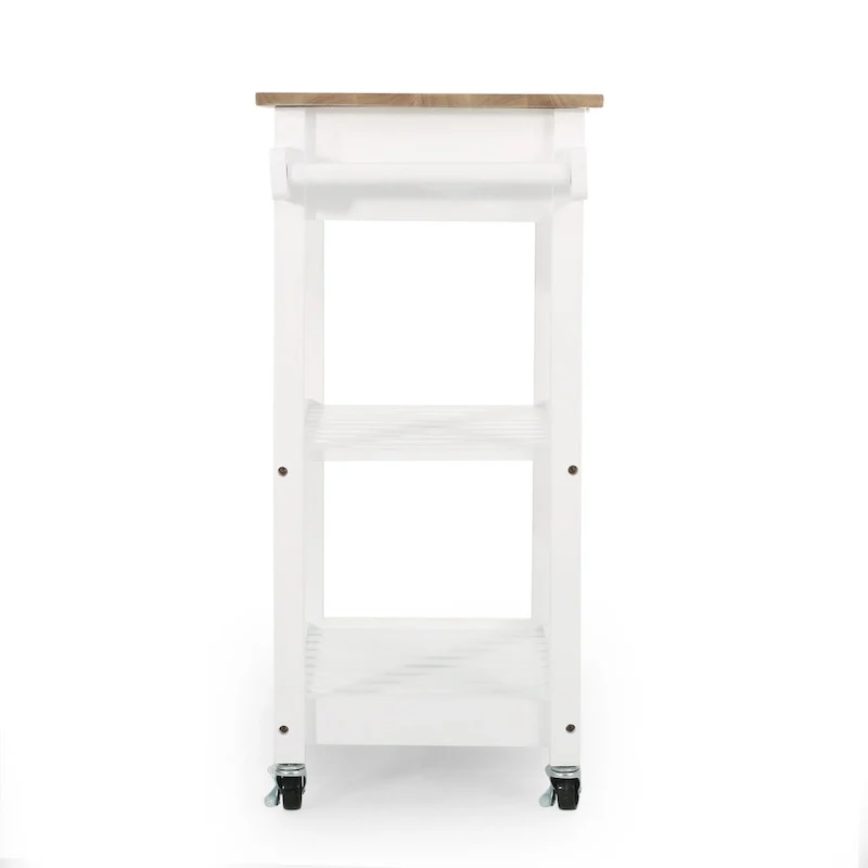 Contemporary Multifunctional Kitchen Cart with Rubberwood Top, Open Slat Shelving, Rolling Casters, Drawer and Towel Holder
