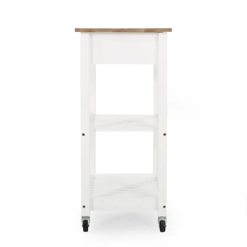 Contemporary Multifunctional Kitchen Cart with Rubberwood Top, Open Slat Shelving, Rolling Casters, Drawer and Towel Holder