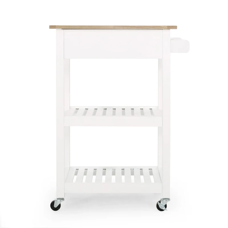 Contemporary Multifunctional Kitchen Cart with Rubberwood Top, Open Slat Shelving, Rolling Casters, Drawer and Towel Holder