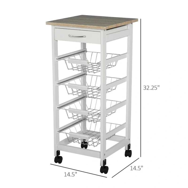 HOMCOM 32.25 Wooden Rolling Kitchen Storage Cart on 360-deg Swivel Wheels with Ample Storage Space & Solid Structure