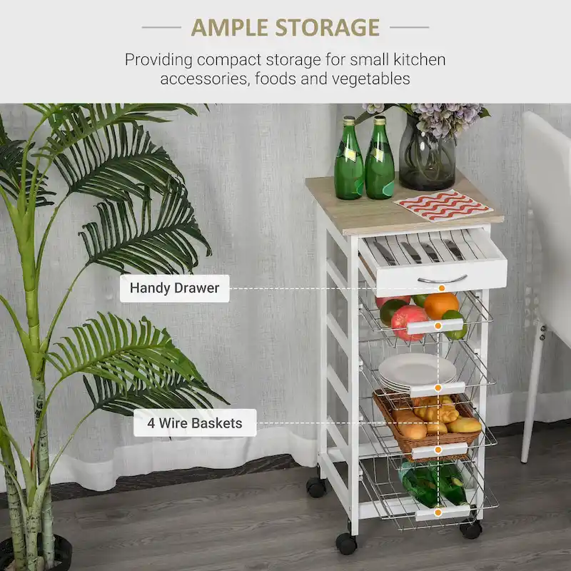 HOMCOM 32.25 Wooden Rolling Kitchen Storage Cart on 360-deg Swivel Wheels with Ample Storage Space & Solid Structure