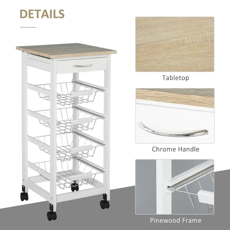 HOMCOM 32.25 Wooden Rolling Kitchen Storage Cart on 360-deg Swivel Wheels with Ample Storage Space & Solid Structure