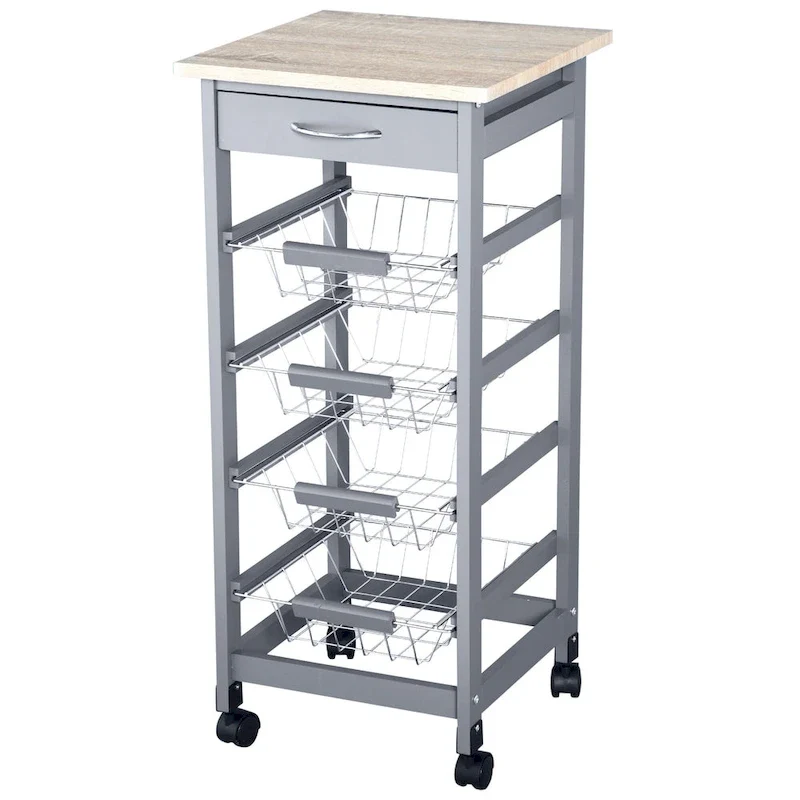 HOMCOM 32.25 Wooden Rolling Kitchen Storage Cart on 360-deg Swivel Wheels with Ample Storage Space & Solid Structure