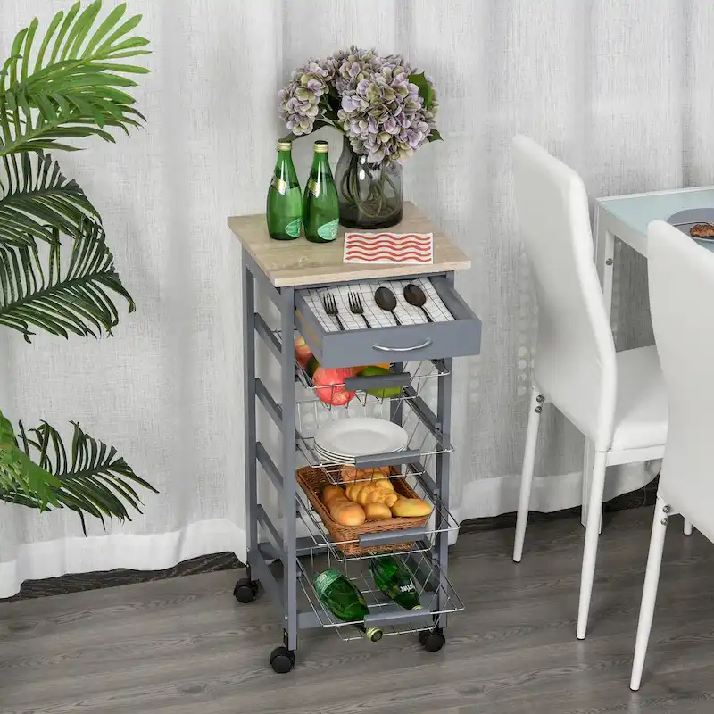 HOMCOM 32.25 Wooden Rolling Kitchen Storage Cart on 360-deg Swivel Wheels with Ample Storage Space & Solid Structure