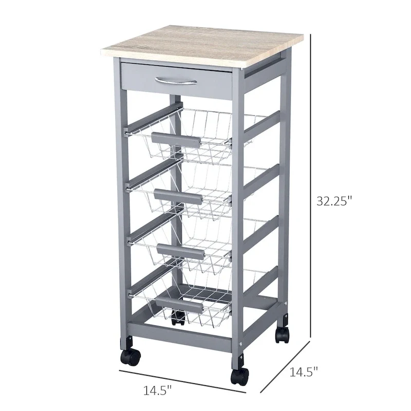 HOMCOM 32.25 Wooden Rolling Kitchen Storage Cart on 360-deg Swivel Wheels with Ample Storage Space & Solid Structure