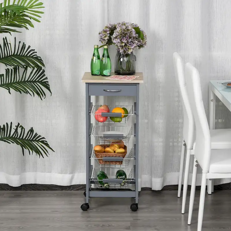 HOMCOM 32.25 Wooden Rolling Kitchen Storage Cart on 360-deg Swivel Wheels with Ample Storage Space & Solid Structure