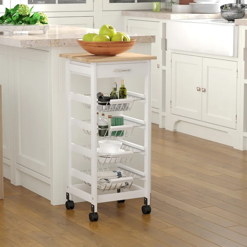 HOMCOM 32.25 Wooden Rolling Kitchen Storage Cart on 360-deg Swivel Wheels with Ample Storage Space & Solid Structure