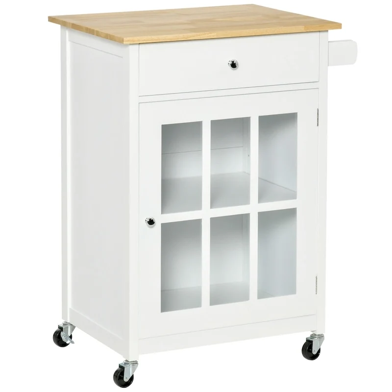 HOMCOM 27 Rolling Kitchen Island Cart with Drawer and Glass Door Cabinet, Kitchen Trolley with Adjustable Shelf and Towel Rack