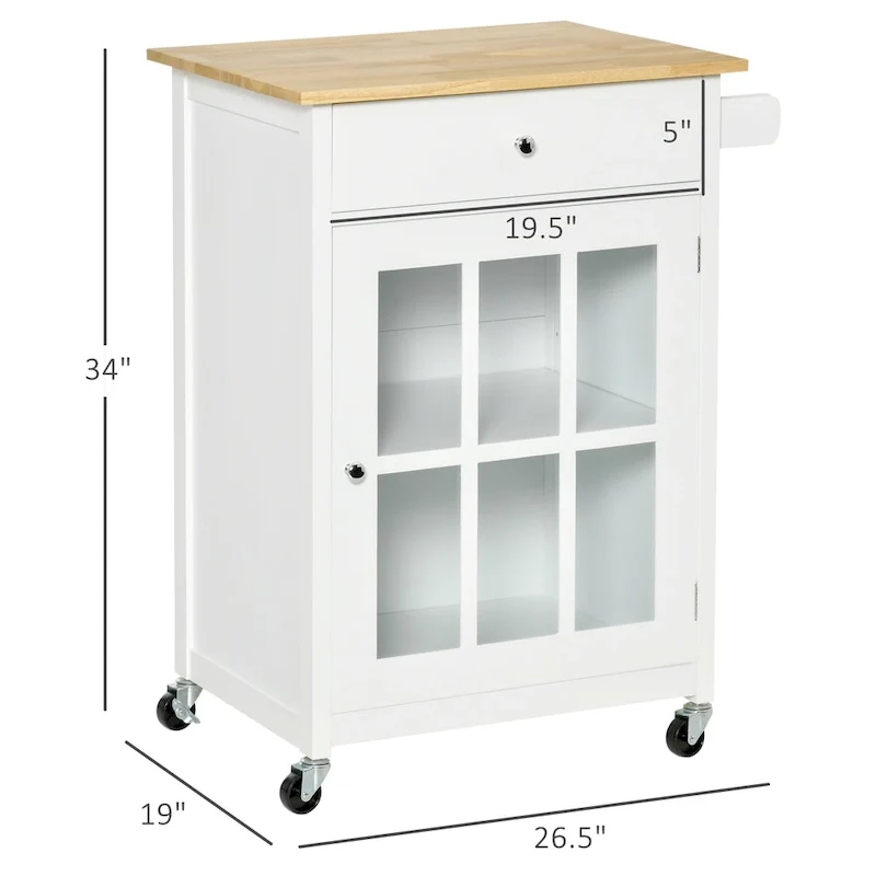 HOMCOM 27 Rolling Kitchen Island Cart with Drawer and Glass Door Cabinet, Kitchen Trolley with Adjustable Shelf and Towel Rack