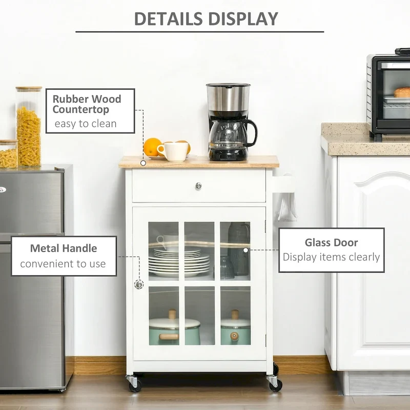 HOMCOM 27 Rolling Kitchen Island Cart with Drawer and Glass Door Cabinet, Kitchen Trolley with Adjustable Shelf and Towel Rack