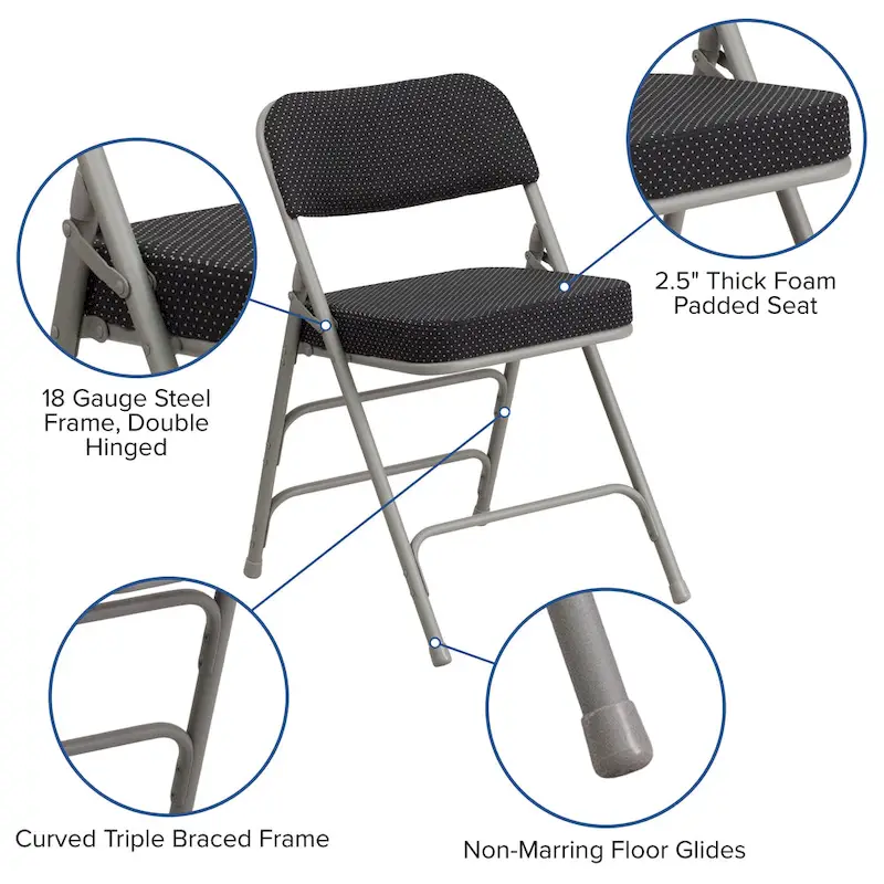 4 Pack Curved Triple Braced & Hinged Fabric Upholstered Metal Folding Chair