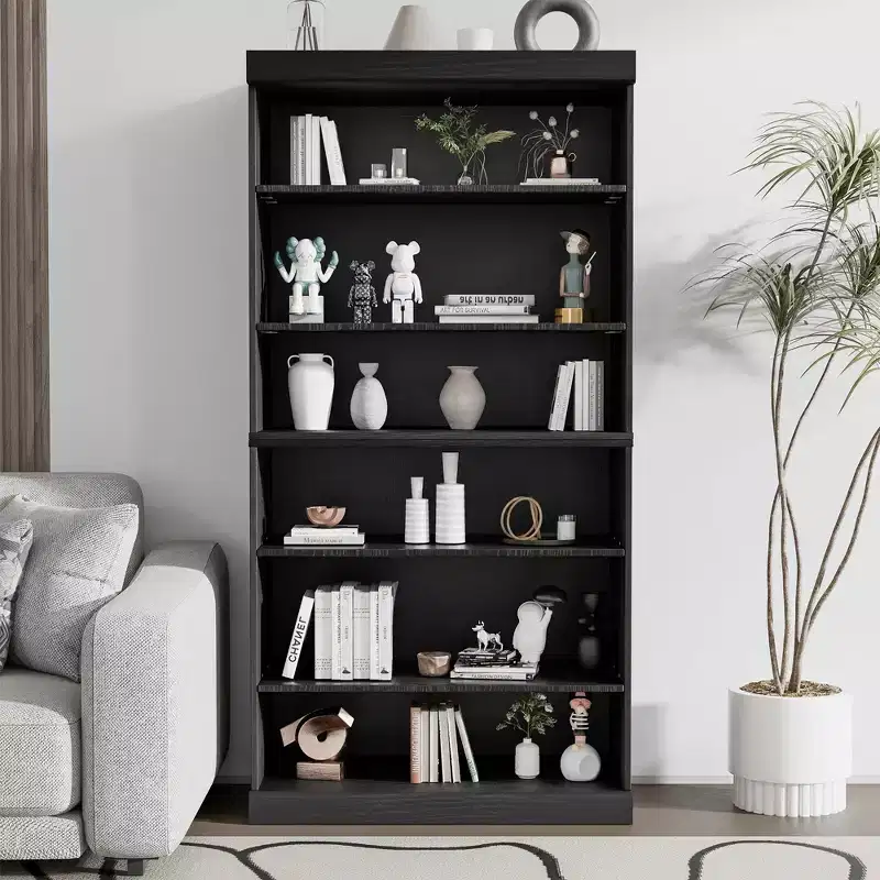62 Meuble de rangement décoratif sans porte en bois veiné noir Bibliothèque
