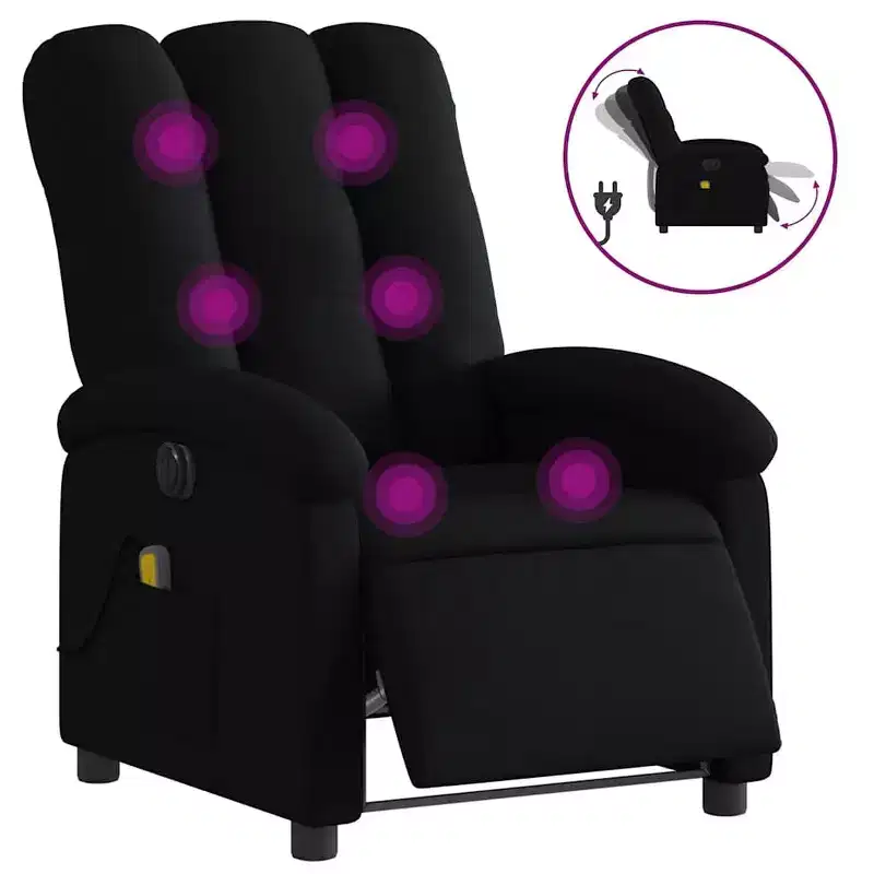 Fauteuil de massage électrique inclinable - Dossier à oreilles, tissu noir, réglage motorisé