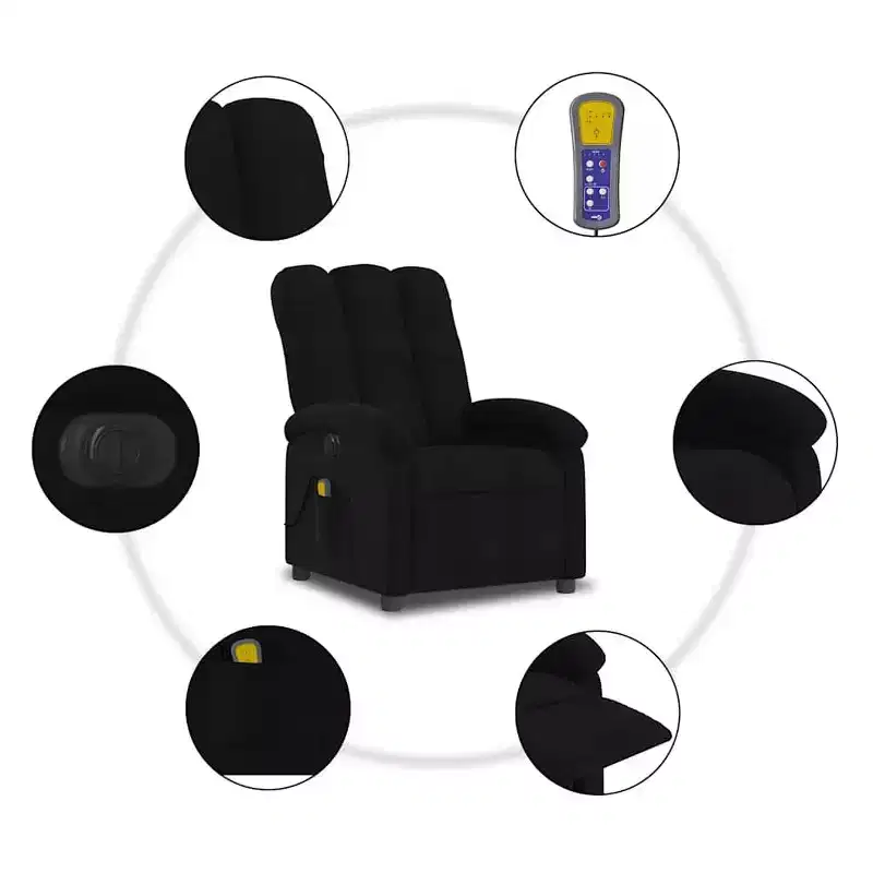 Fauteuil de massage électrique inclinable - Dossier à oreilles, tissu noir, réglage motorisé