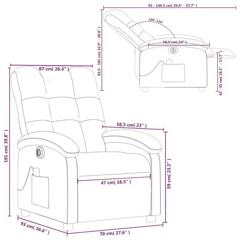 Fauteuil de massage électrique inclinable - Dossier à oreilles, tissu noir, réglage motorisé