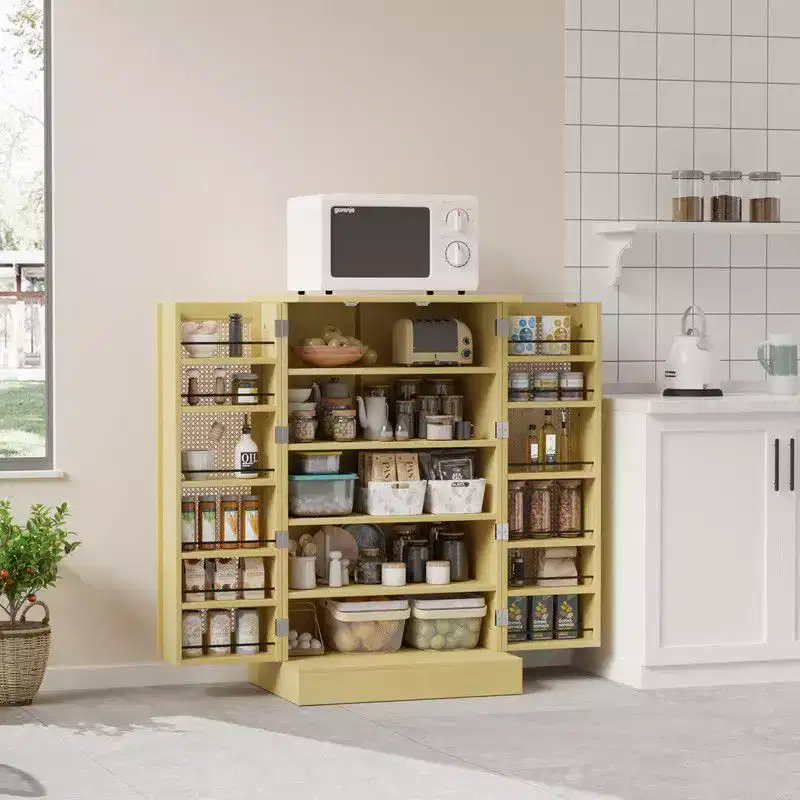 Meuble de rangement de cuisine en rotin avec 2 portes et étagères réglables Meuble de garde-manger