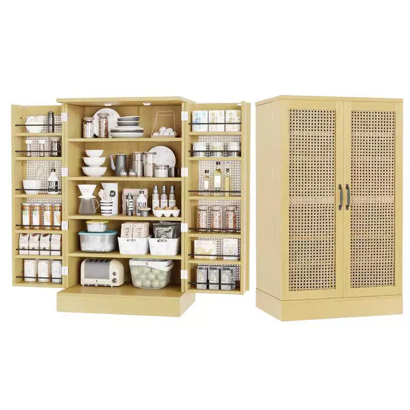 Meuble de rangement de cuisine en rotin avec 2 portes et étagères réglables Meuble de garde-manger