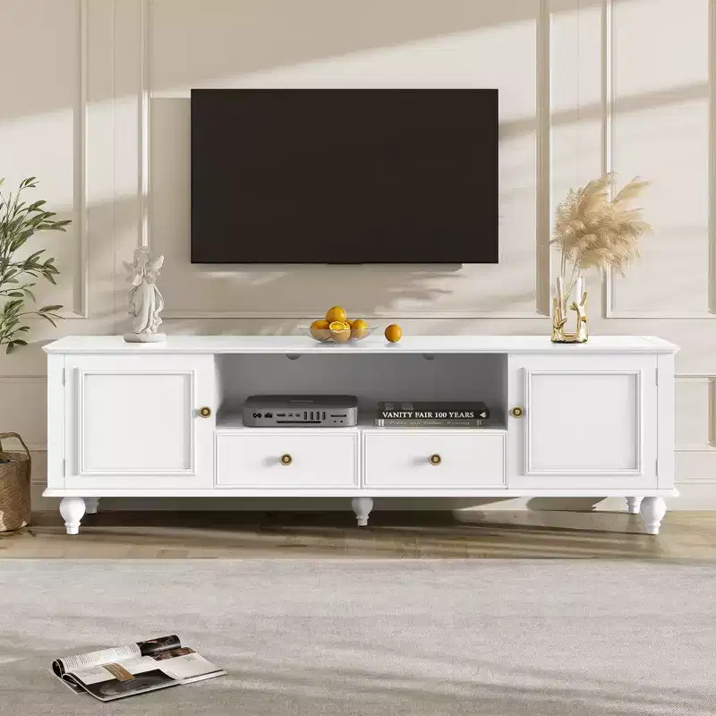 Meuble TV Moderne avec Compartiment Ouvert, 2 Tiroirs, 2 Portes et 5 Pieds Solides