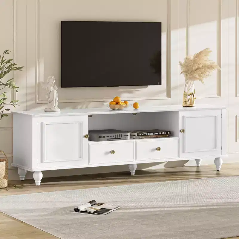 Meuble TV Moderne avec Compartiment Ouvert, 2 Tiroirs, 2 Portes et 5 Pieds Solides