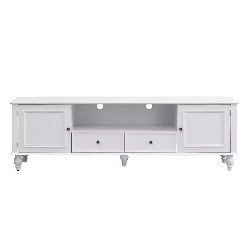 Meuble TV Moderne avec Compartiment Ouvert, 2 Tiroirs, 2 Portes et 5 Pieds Solides