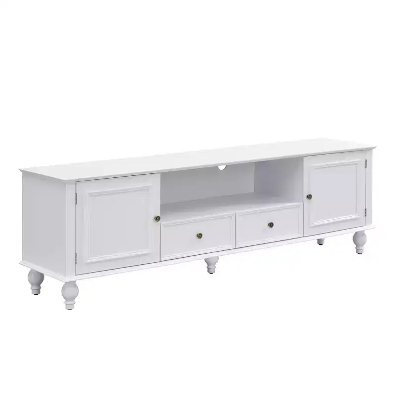 Meuble TV Moderne avec Compartiment Ouvert, 2 Tiroirs, 2 Portes et 5 Pieds Solides