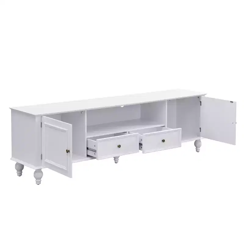 Meuble TV Moderne avec Compartiment Ouvert, 2 Tiroirs, 2 Portes et 5 Pieds Solides