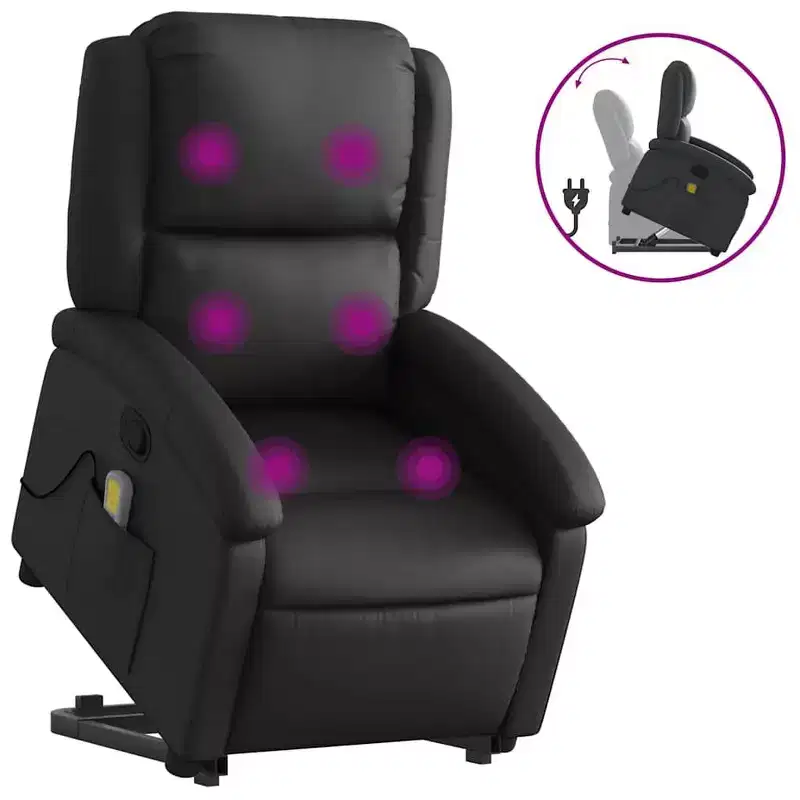 Fauteuil inclinable électrique releveur en cuir noir avec massage et inclinaison manuelle