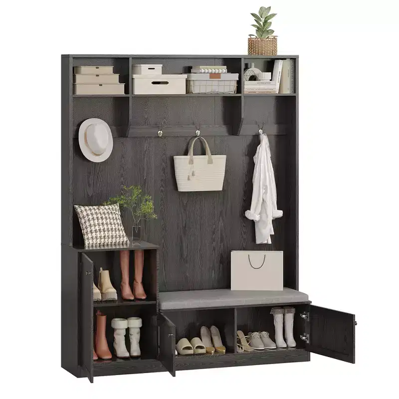 Portemanteau avec banc d'entrée, 4 casiers à chaussures, 4 patères