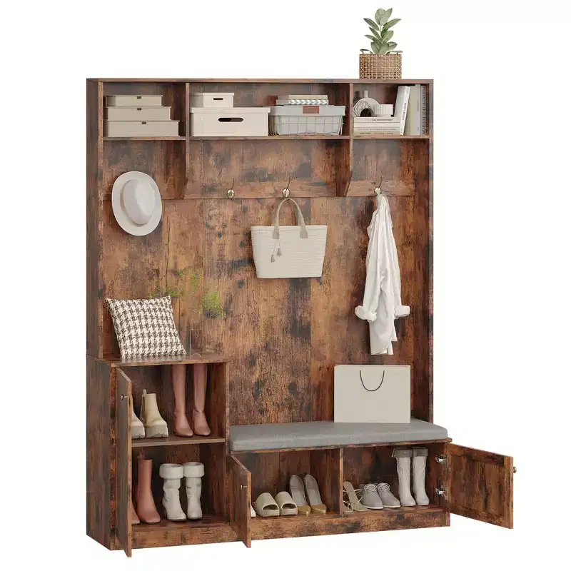 Portemanteau avec banc d'entrée, 4 casiers à chaussures, 4 patères