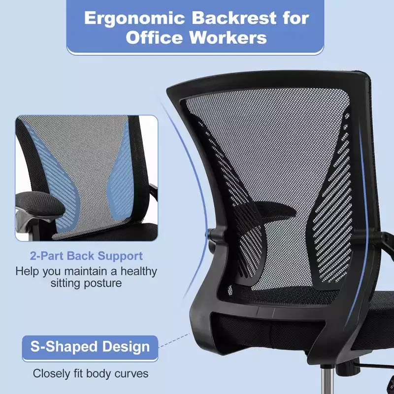 Chaise de bureau ergonomique réglable avec accoudoirs relevables, dossier inclinable à 30°, noir