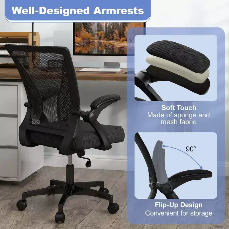 Chaise de bureau ergonomique réglable avec accoudoirs relevables, dossier inclinable à 30°, noir