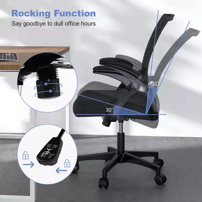 Chaise de bureau ergonomique réglable avec accoudoirs relevables, dossier inclinable à 30°, noir