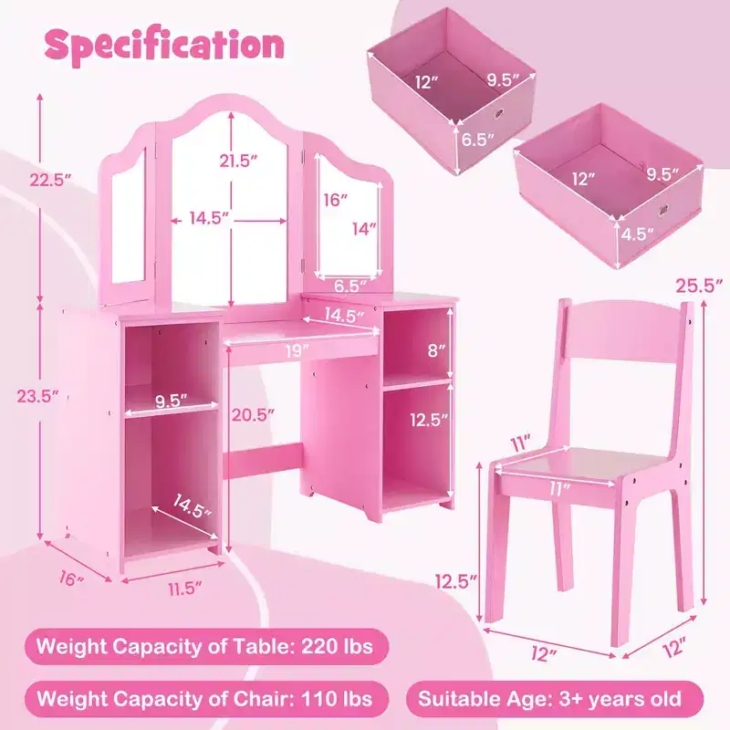 Coiffeuse et Chaise pour Enfants, Table de Maquillage Princesse Rose/Blanc