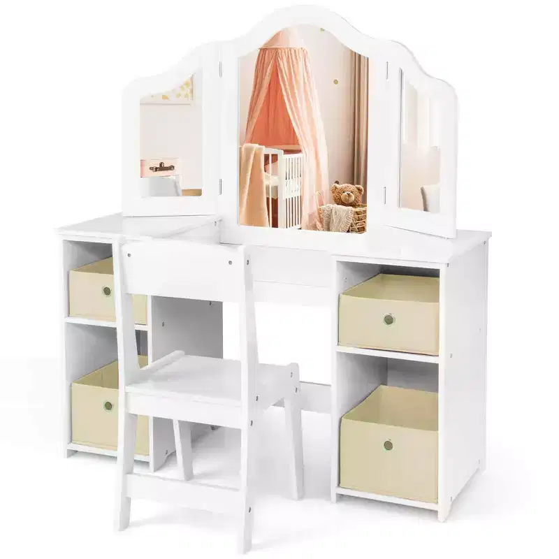Coiffeuse et Chaise pour Enfants, Table de Maquillage Princesse Rose/Blanc