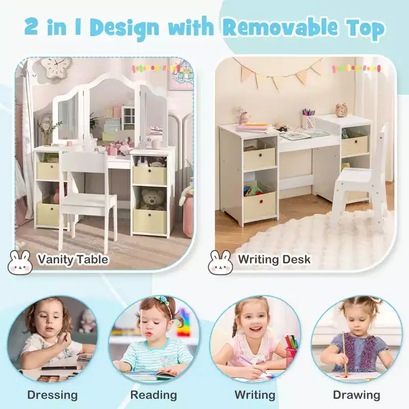 Coiffeuse et Chaise pour Enfants, Table de Maquillage Princesse Rose/Blanc