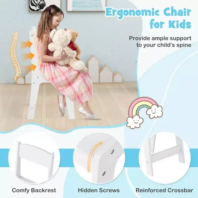 Coiffeuse et Chaise pour Enfants, Table de Maquillage Princesse Rose/Blanc