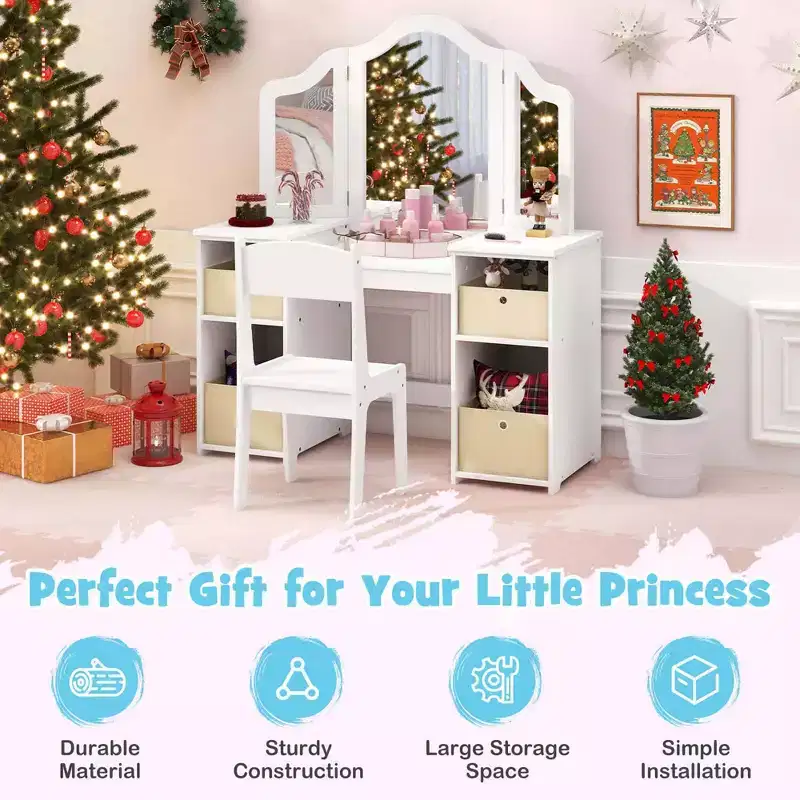 Coiffeuse et Chaise pour Enfants, Table de Maquillage Princesse Rose/Blanc
