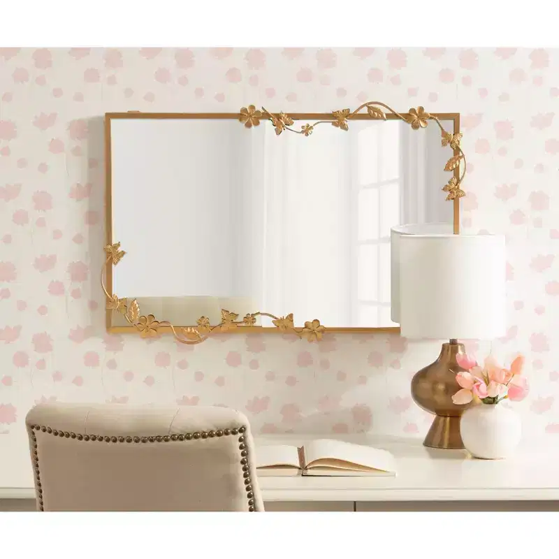 Miroir Rectangulaire Floral en Métal, Doré