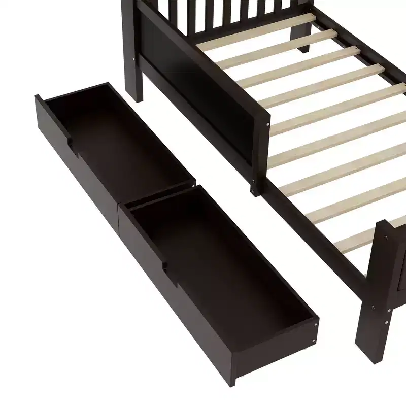 Lit plateforme double/grand format avec tiroirs de rangement et étagères, lit de rangement en bois
