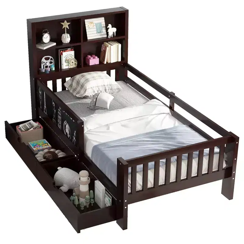 Lit plateforme double/grand format avec tiroirs de rangement et étagères, lit de rangement en bois