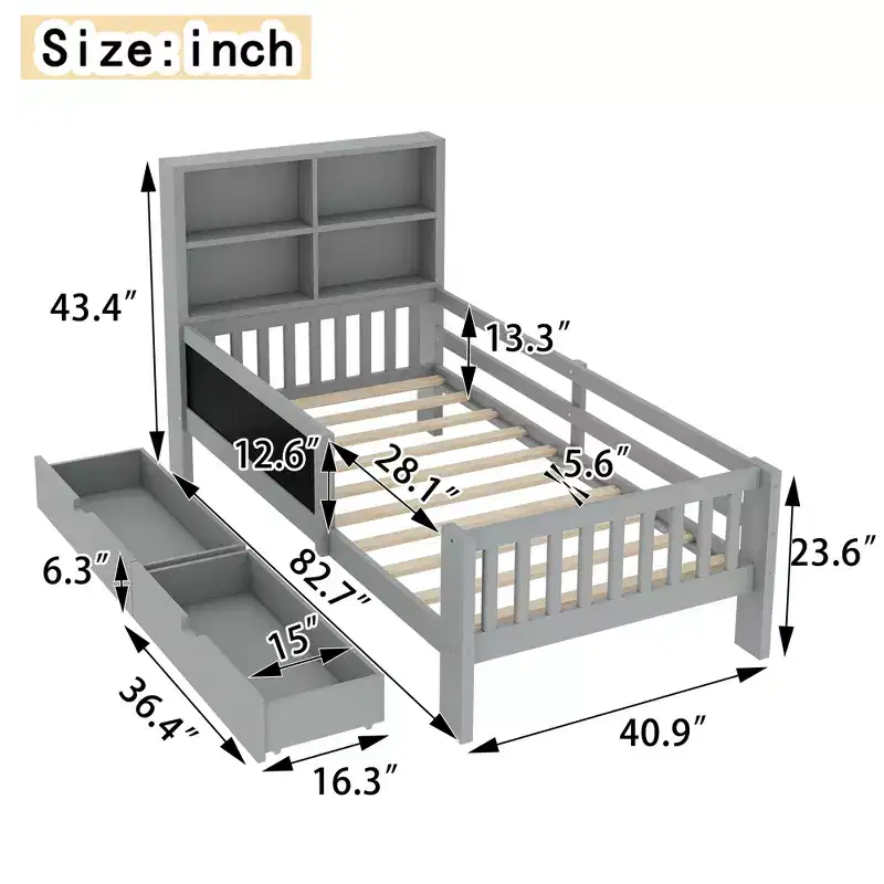 Lit plateforme double/grand format avec tiroirs de rangement et étagères, lit de rangement en bois