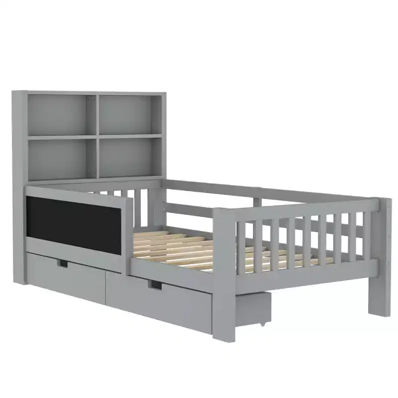 Lit plateforme double/grand format avec tiroirs de rangement et étagères, lit de rangement en bois