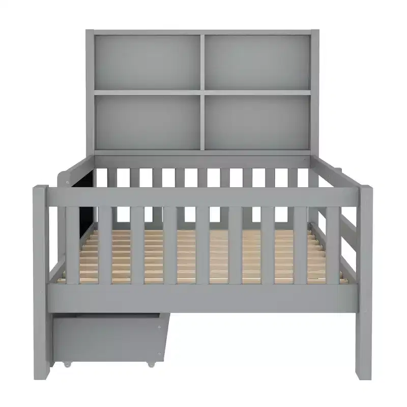 Lit plateforme double/grand format avec tiroirs de rangement et étagères, lit de rangement en bois