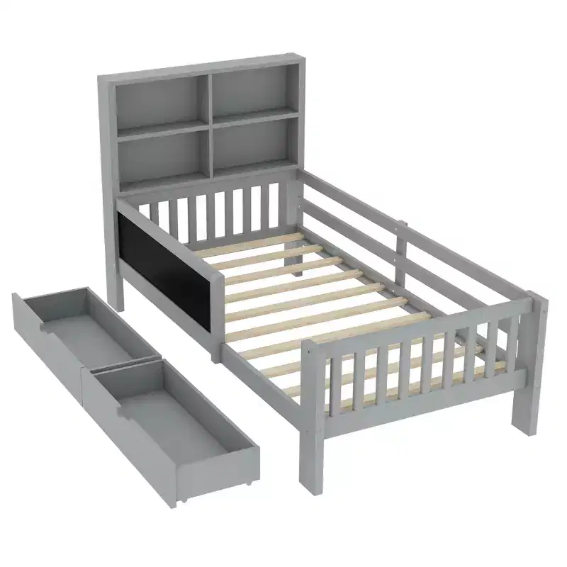 Lit plateforme double/grand format avec tiroirs de rangement et étagères, lit de rangement en bois