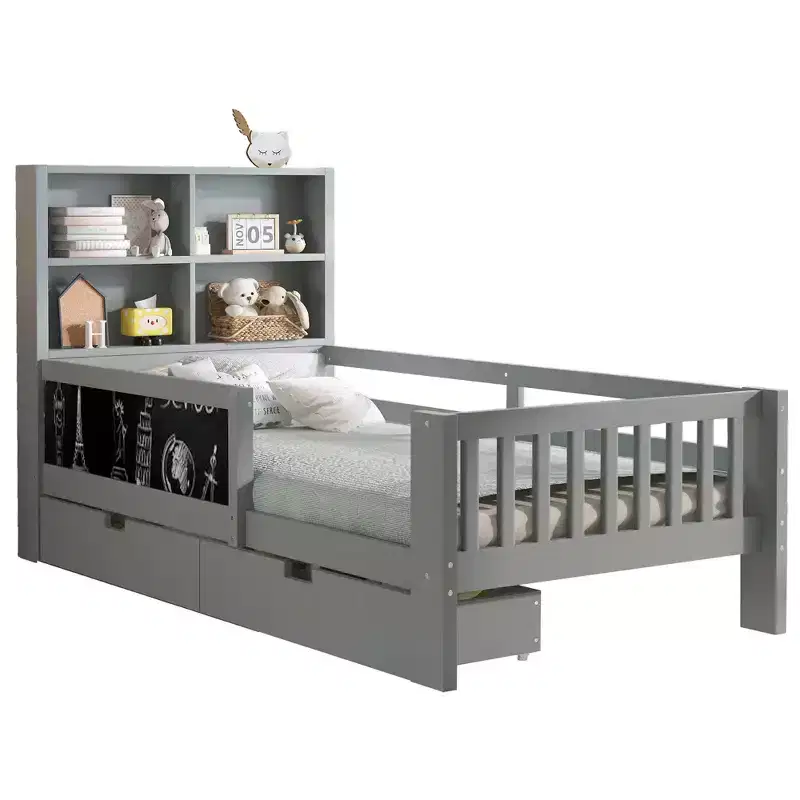 Lit plateforme double/grand format avec tiroirs de rangement et étagères, lit de rangement en bois